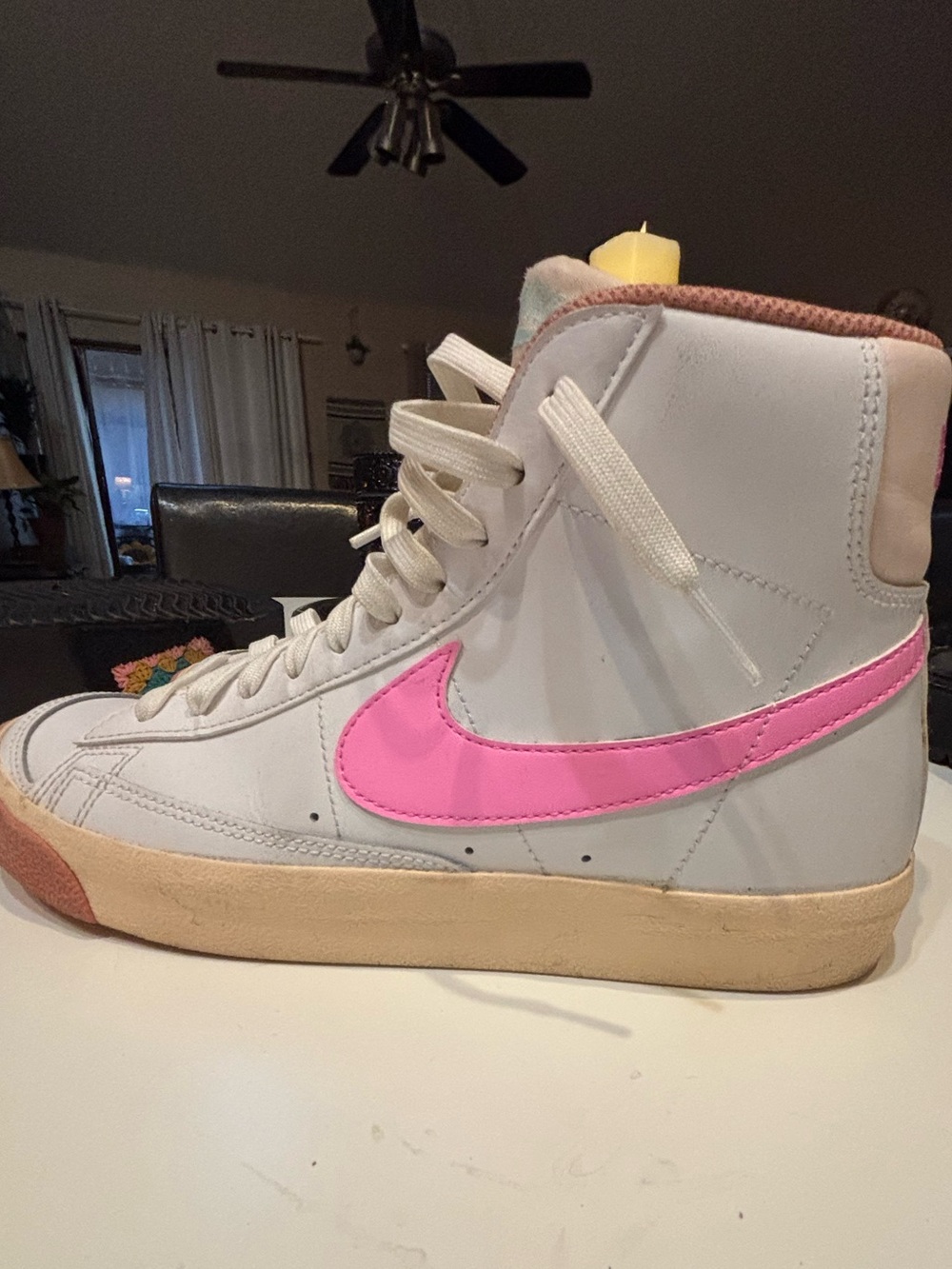 Nike White High-Top Sneakers with Pink Swoosh Youth 7 / Women 8